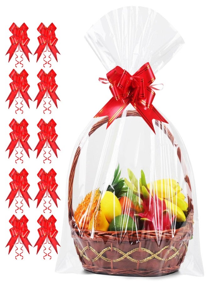 JOYIT 10PCS Extra Large Cellophane Wrap for Gift Baskets, 35x55 Inch Clear Cellophane Bags with 10 Red Bows, 3 Mil Thicker Cellophane Gift Bags for Gift Basket Wrap, Gift Giving - Image 1